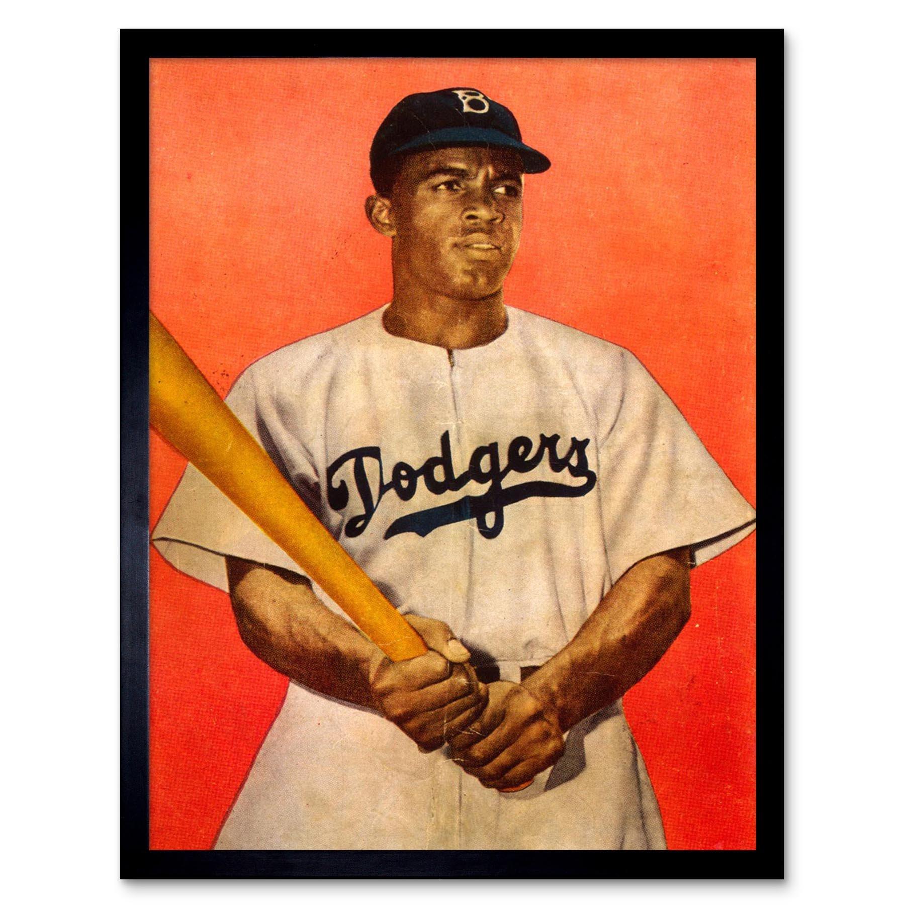 Jackie Robinson in Brooklyn Dodgers uniform, swinging bat Framed