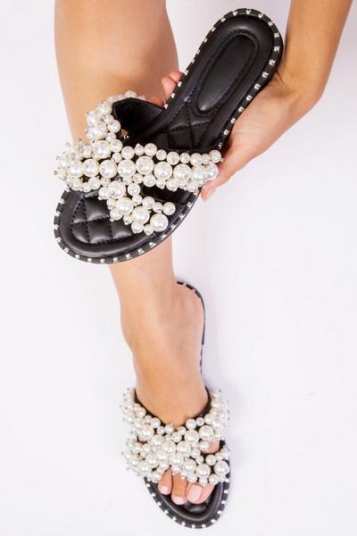 Where's That From Black 'Eve' Pearl Flat Slider Sandals