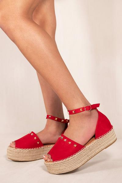 Where's That From Red 'Lyric' Espadrille Peep Toe Sandals With Ankle Strap & Stud Details