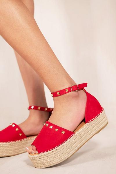 Where's That From Red 'Lyric' Espadrille Peep Toe Sandals With Ankle Strap & Stud Details
