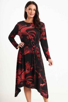 Saloos Red Stretch Printed Dress with Side Tie