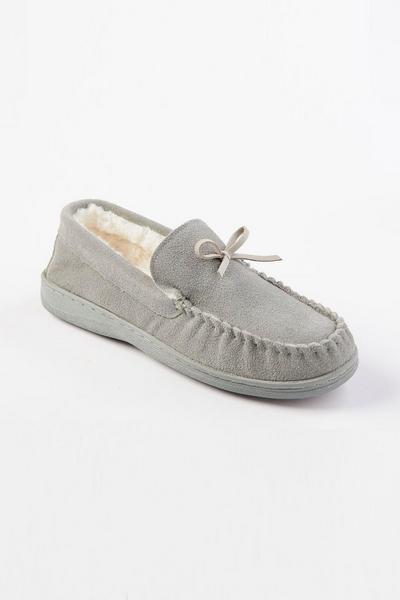 Cotton Traders Grey Suede Memory Foam Moccasin Slippers