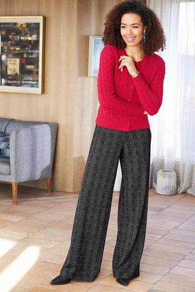 Cotton Traders In-Check Wide Leg Jersey Pull-On Trousers - 27" Leg