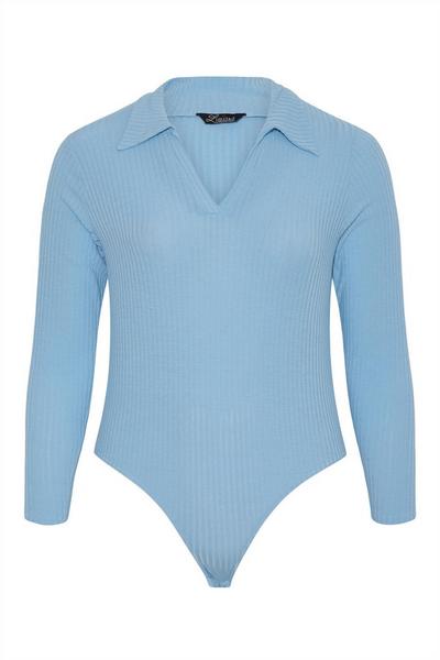 Yours Blue Ribbed Rugby Collar Bodysuit