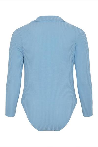 Yours Blue Ribbed Rugby Collar Bodysuit