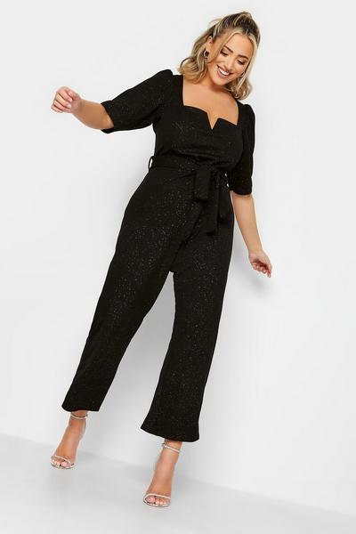 Yours Black Glitter Notch Neck Tie Waist Jumpsuit