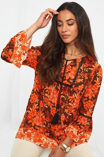 Joe Browns Autumnal Boho Tassel Tie Floral Top