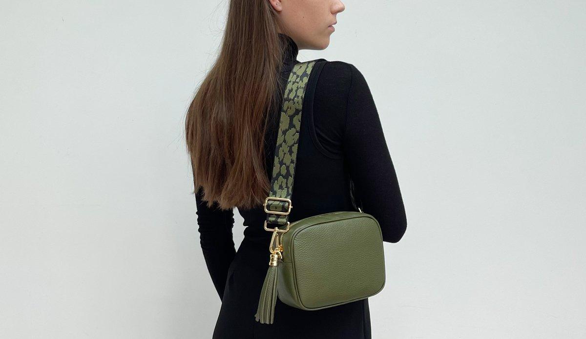 Olive Green Leather Crossbody Bag And Cheetah Strap By Apatchy