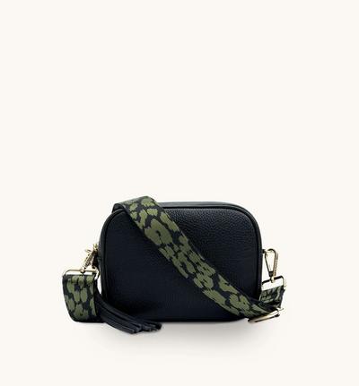 Apatchy London Black Leather Crossbody Bag With Cheetah Strap