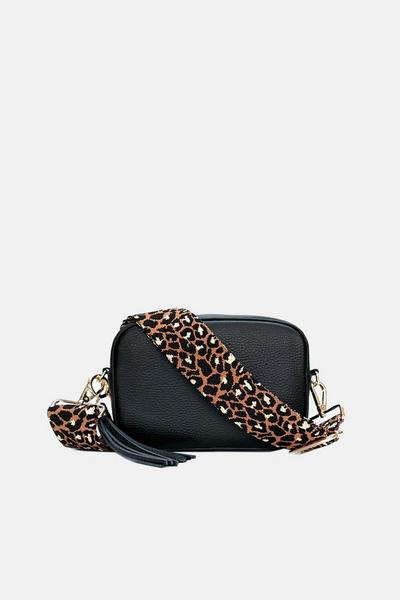 Apatchy London Black Leather Crossbody Bag With Tan Cheetah Strap