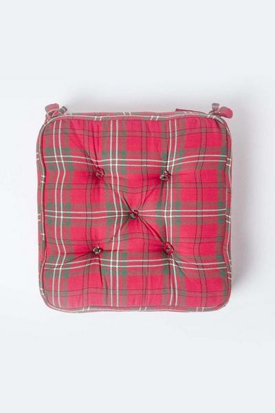 Homescapes Red Edward Tartan Cotton Dining Chair Booster Cushion