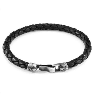 ANCHOR & CREW Black Midnight Black Skye Silver and Braided Leather Bracelet