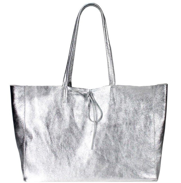 Bags & Purses | Silver Metallic Tie Top Horizontal Leather Tote | BIDRA ...