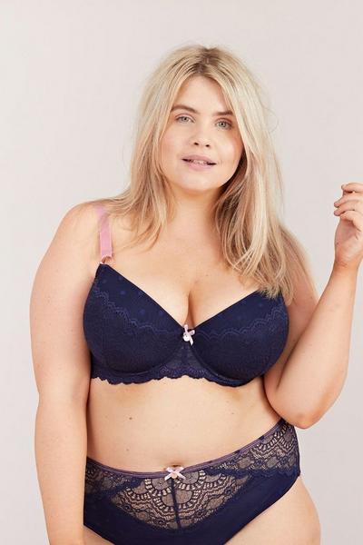 Oola Lingerie Navy Oola Spot And Lace Padded Balconette Bra