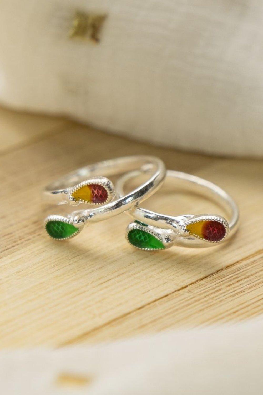 The Colourful Aura - Pure Silver Red Colourful Stone Bohemian Midi Band Dainty Toe Ring - Size One Size