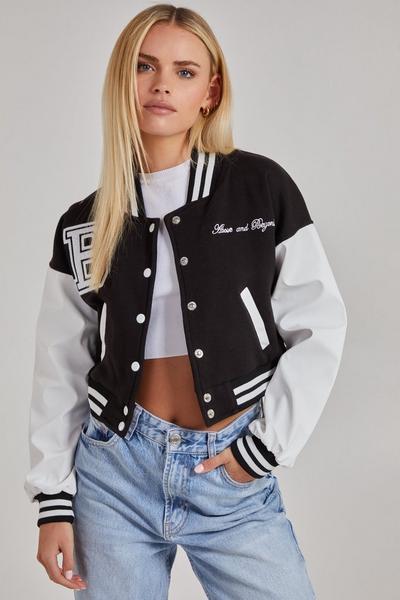 Pink Vanilla Black Contrast Sleeve Baseball Jacket