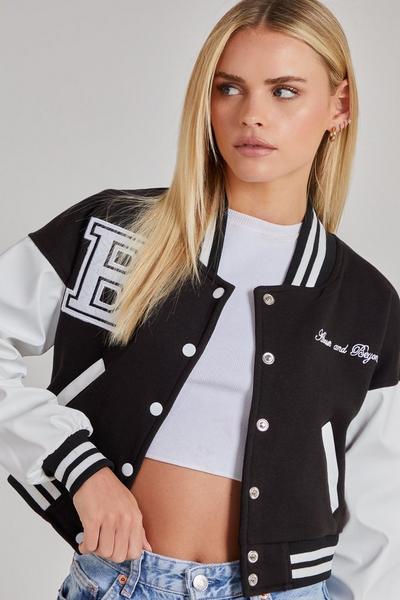 Pink Vanilla Black Contrast Sleeve Baseball Jacket