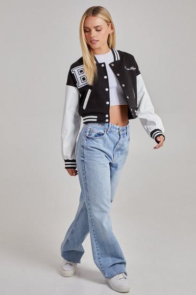 Pink Vanilla Black Contrast Sleeve Baseball Jacket