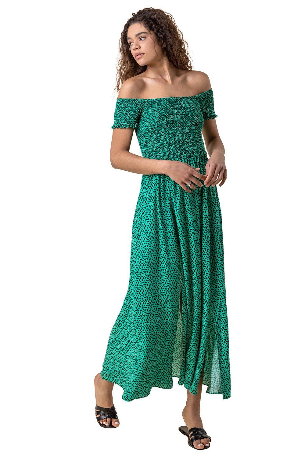Dresses | Shirred Spot Print Bardot Dress | Roman
