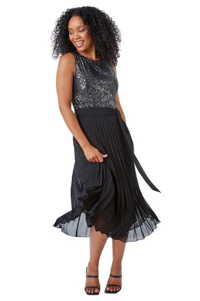Roman Black Petite Embellished Pleated Midi Dress