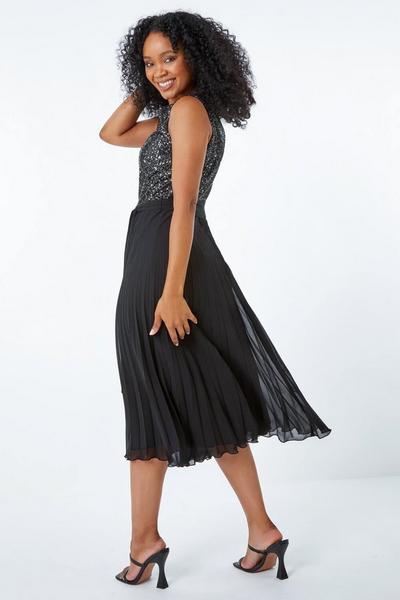 Roman Black Petite Embellished Pleated Midi Dress