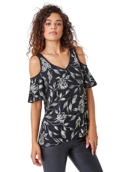 Roman Black Metallic Floral Cold Shoulder Top