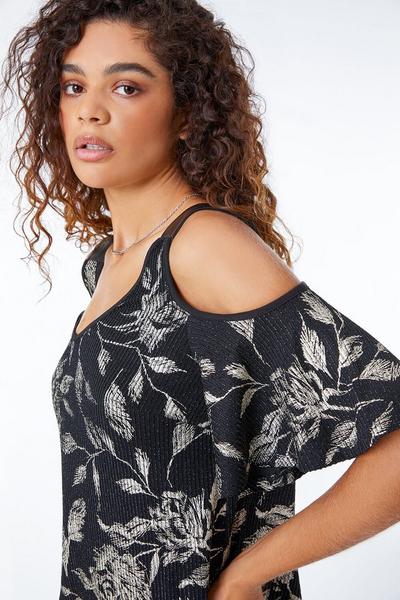 Roman Black Metallic Floral Cold Shoulder Top