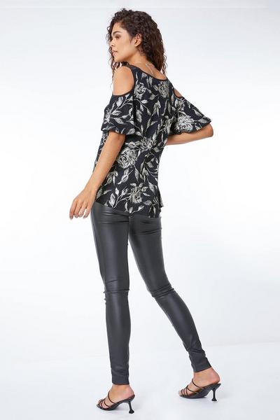 Roman Black Metallic Floral Cold Shoulder Top