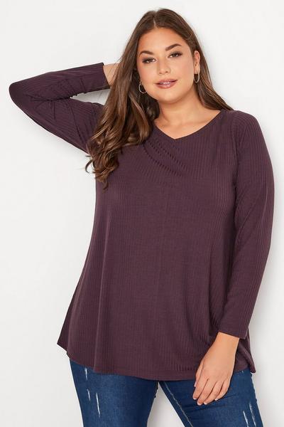 Yours Plum Long Sleeve Ribbed Top