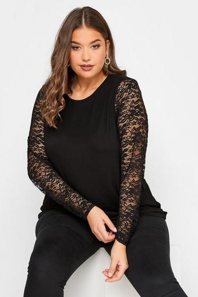 Yours Black Long Lace Sleeve Top