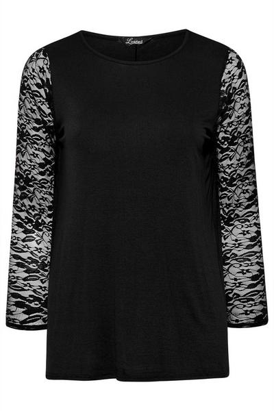 Yours Black Long Lace Sleeve Top