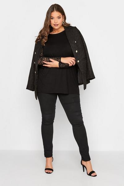 Yours Black Long Lace Sleeve Top