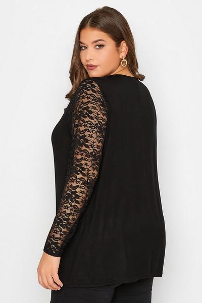 Yours Black Long Lace Sleeve Top