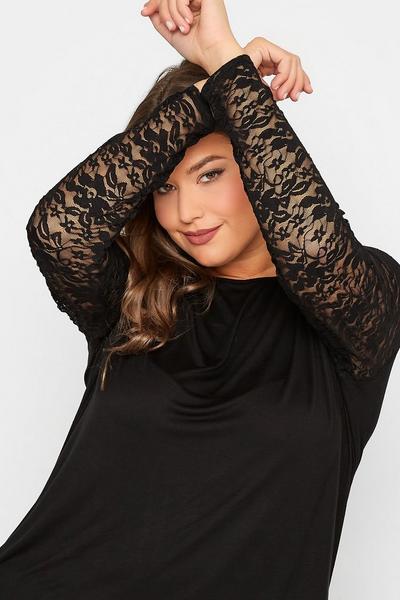 Yours Black Long Lace Sleeve Top