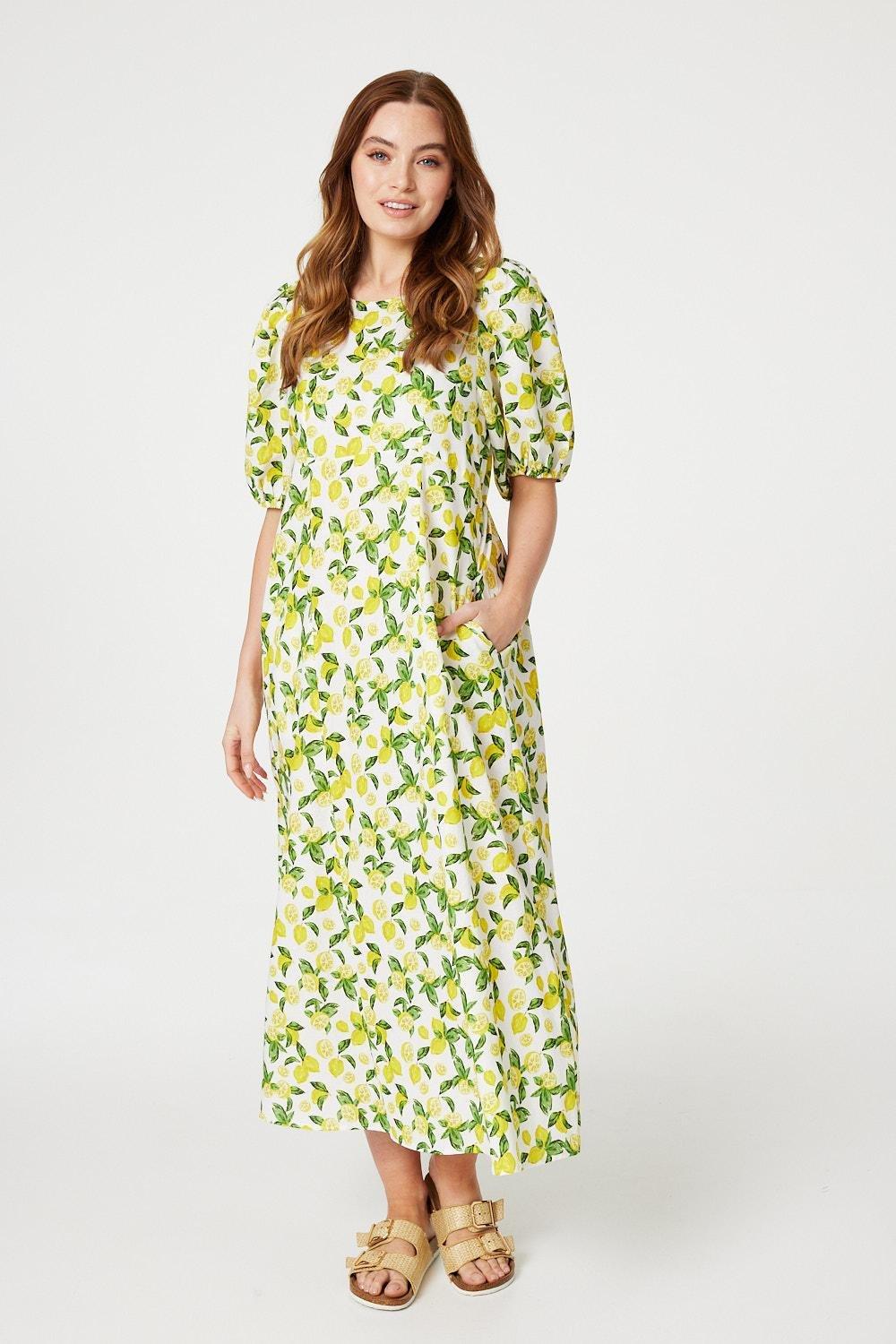 Izabel London Lemon Print Puff Sleeve Midi Dress | Debenhams