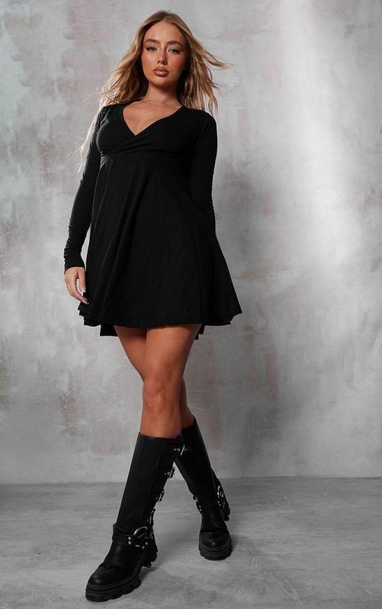 PrettyLittleThing Black Cotton Wrap Long Sleeve Skater Dress 3