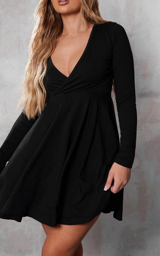 PrettyLittleThing Black Cotton Wrap Long Sleeve Skater Dress 4