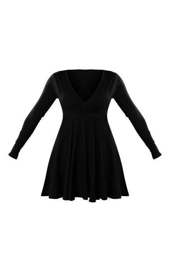 PrettyLittleThing Black Cotton Wrap Long Sleeve Skater Dress 5