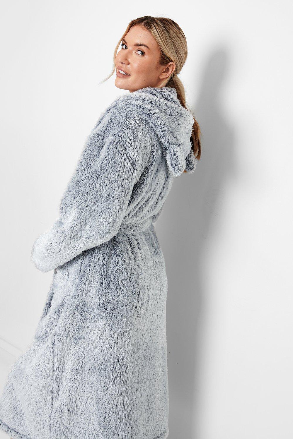 grey fur dressing gown