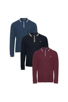 Threadbare Burgundy 3 Pack Cotton 'Mateo' Long Sleeve Polo Shirts