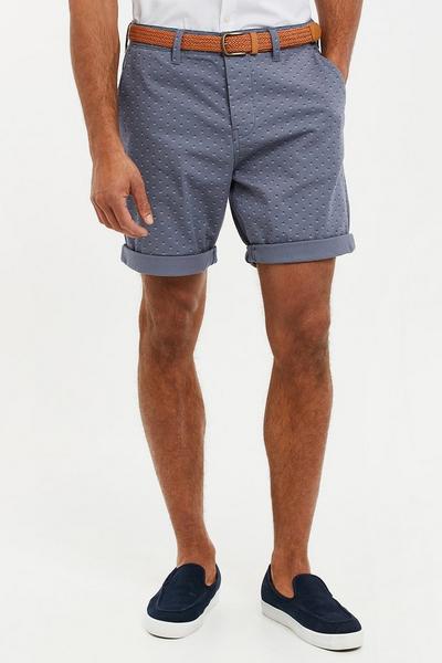 Threadbare Blue 'Crusoe' Geometric Print Cotton Chino Shorts with Belt