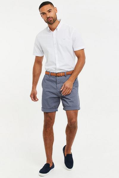 Threadbare Blue 'Crusoe' Geometric Print Cotton Chino Shorts with Belt