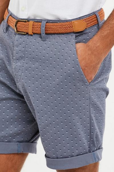 Threadbare Blue 'Crusoe' Geometric Print Cotton Chino Shorts with Belt