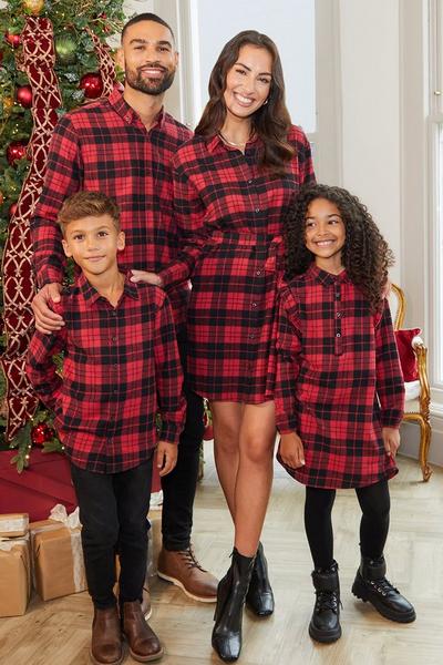 Threadbare Red 'Present' Cotton Check Festive Shirt Dress