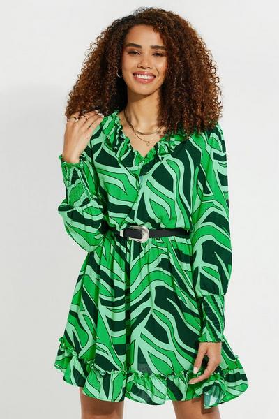 Threadbare Green 'Grape' Belted Ruffle Mini Dress