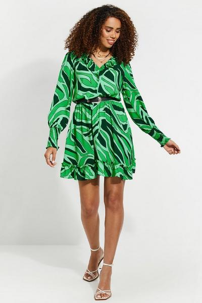 Threadbare Green 'Grape' Belted Ruffle Mini Dress