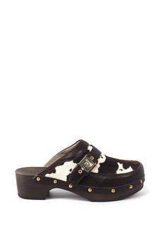 Scholl Off White 'Pescura Clog' Off White/Brown Cow Print Leather Sandal