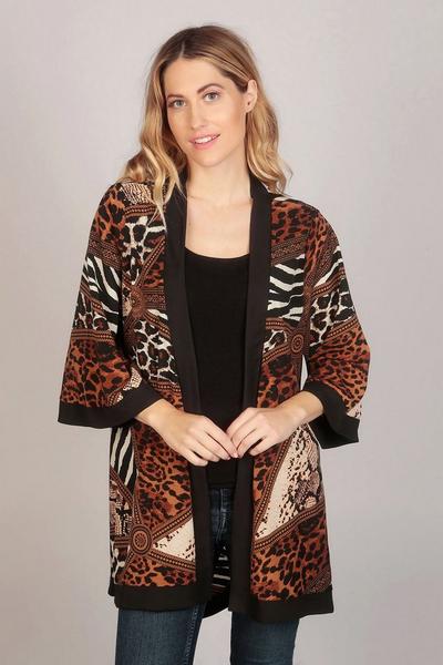 TENKI Brown Long Sleeve Animal Print Kimono Top
