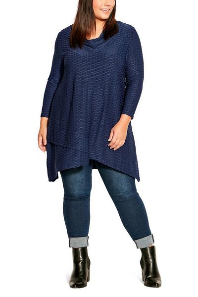 Avenue Navy Texture Cowl Tunic Top