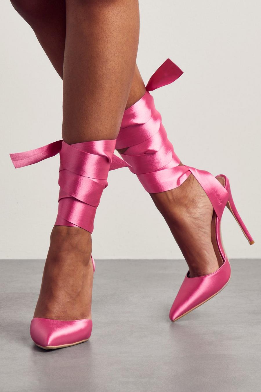 Hot pink Satin Tie Up High Heels image number 1